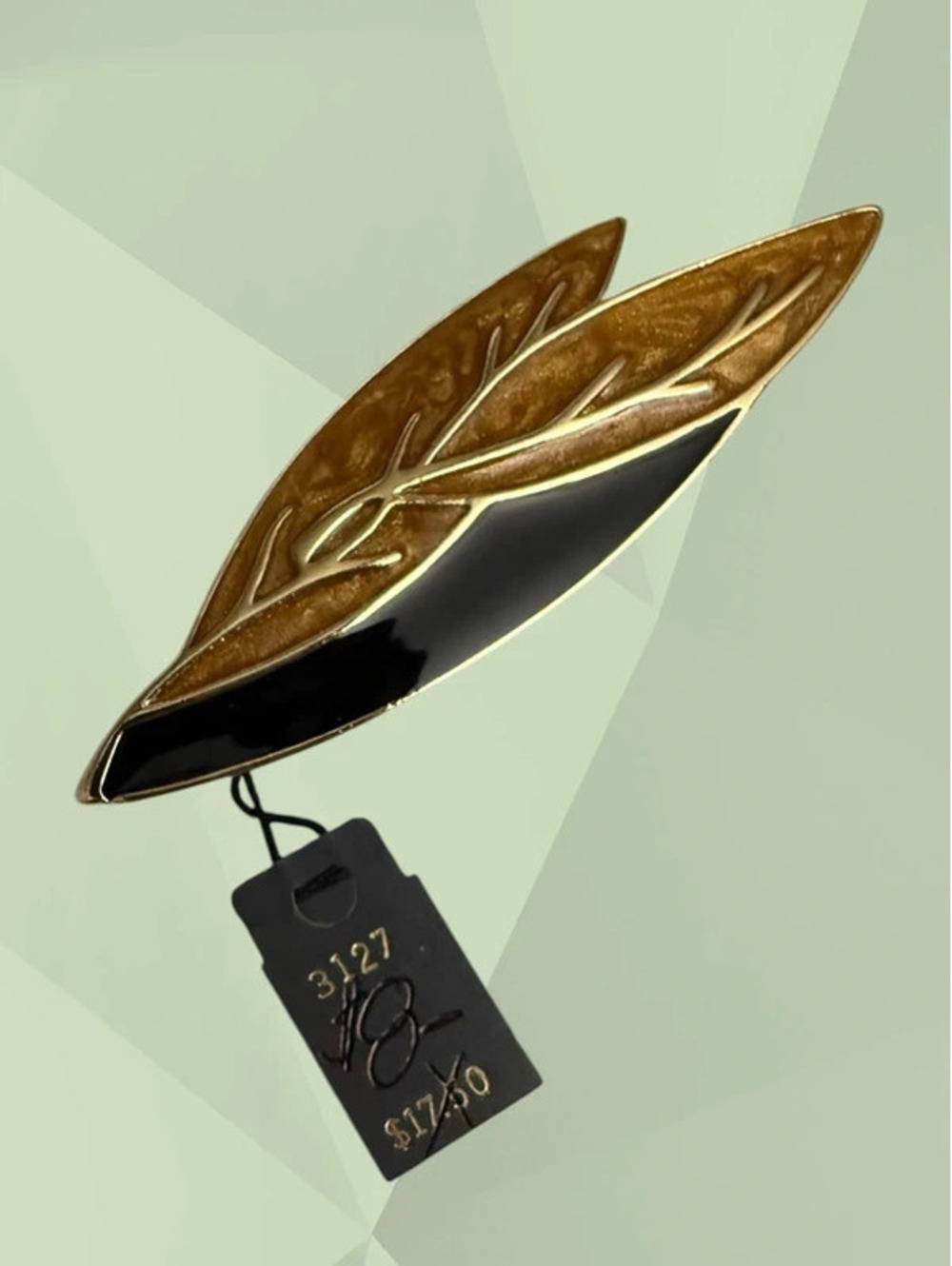 Vintage 70's-80's Signed Trifari Black Enamel & Gold Tone Leaf Fall Brooch Pin
